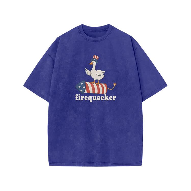 Firequacker Patriotic Duck Rocket Graphic Print Acid Washed T-shirt - Blue - US20-22(3XL) - image 5