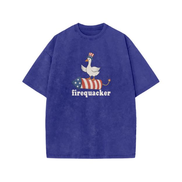 Firequacker Patriotic Duck Rocket Graphic Print Acid Washed T-shirt - Blue - US20-22(3XL) - image 5
