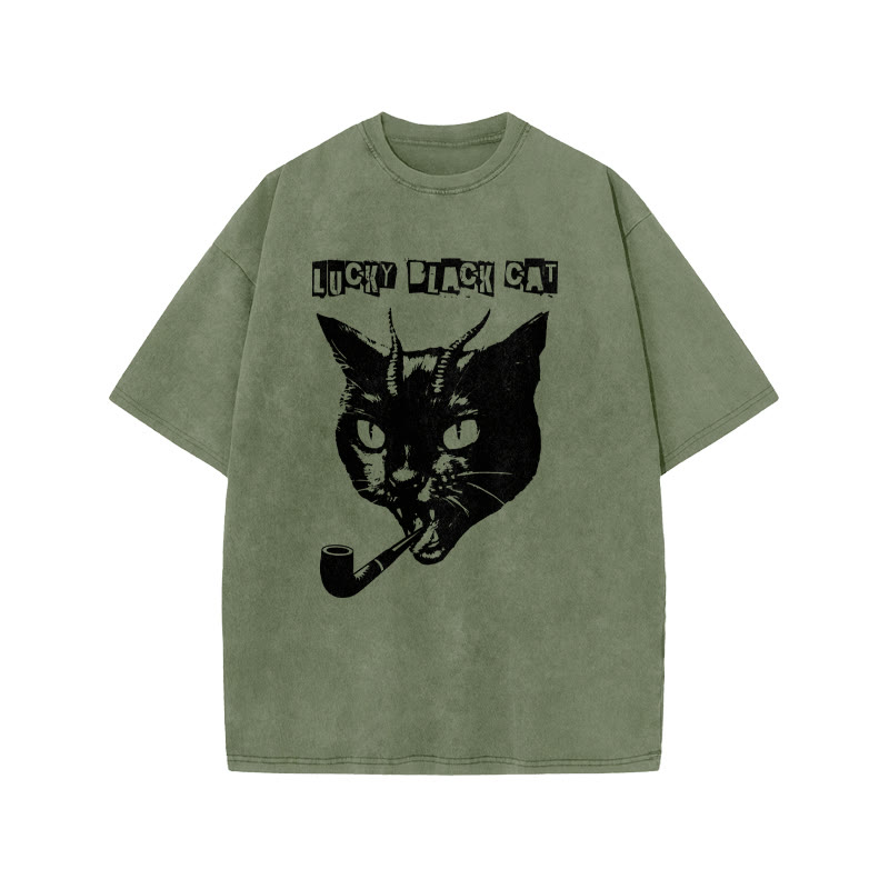 Unisex 100% Cotton Lucky Black Cat Print Acid Washed T-shirt - Army Green - US20-22(3XL) - image 5