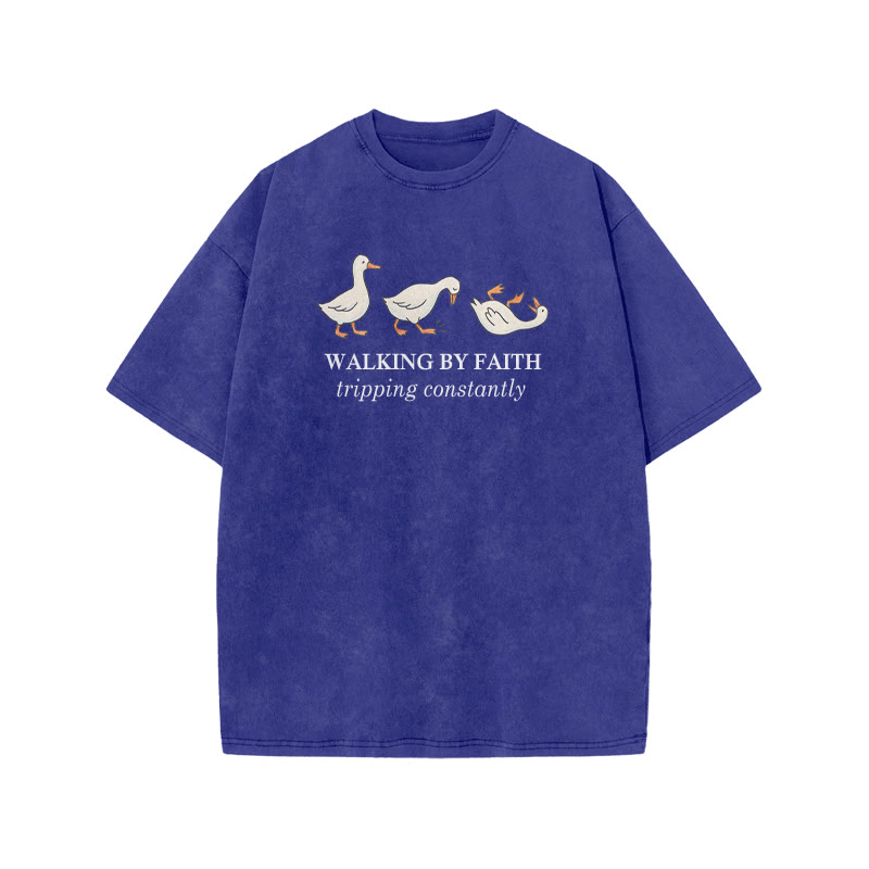 Unisex Walking By Faith Tripping Constantly Print Acid Washed T-shirt - Blue - US20-22(3XL) - image 7