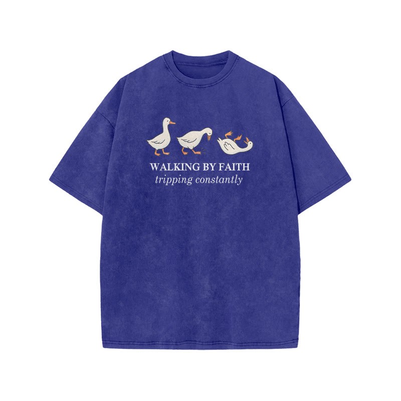Unisex Walking By Faith Tripping Constantly Print Acid Washed T-shirt - Blue - US20-22(3XL) - image 7