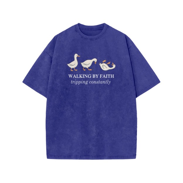 Unisex Walking By Faith Tripping Constantly Print Acid Washed T-shirt - Blue - US20-22(3XL) - image 7