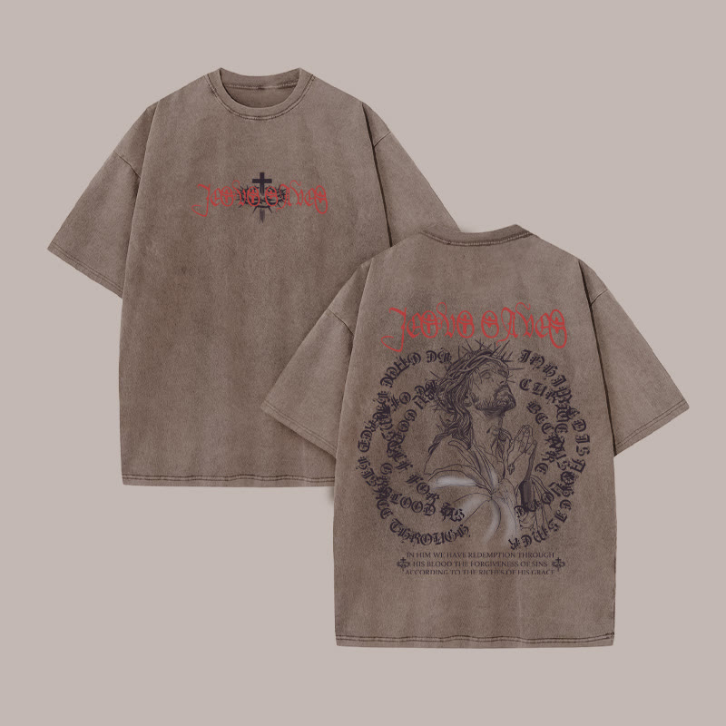 Unisex 100% Cotton Jesus Divine Redemption Print Acid Washed T-shirt