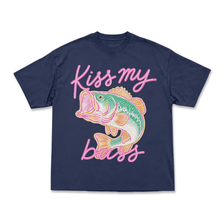 Casual Kiss My Bass Fish Graphic T-Shirt - Navy Blue - US16-18(2XL) - image 5