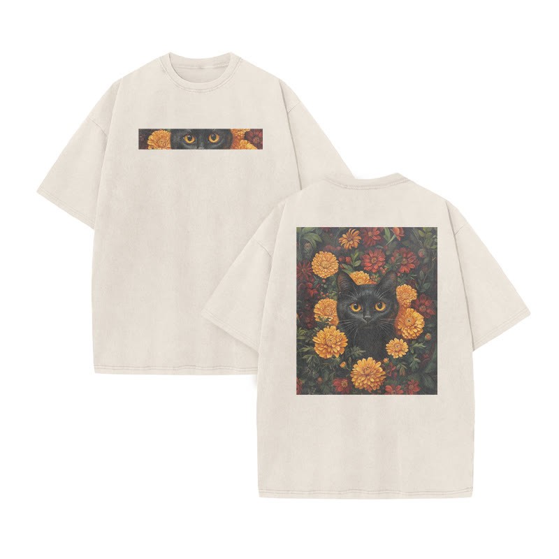 A Black Cat In A Field Of Chrysanthemums Print Acid Washed T-shirt - Beige - US20-22(3XL) - image 3