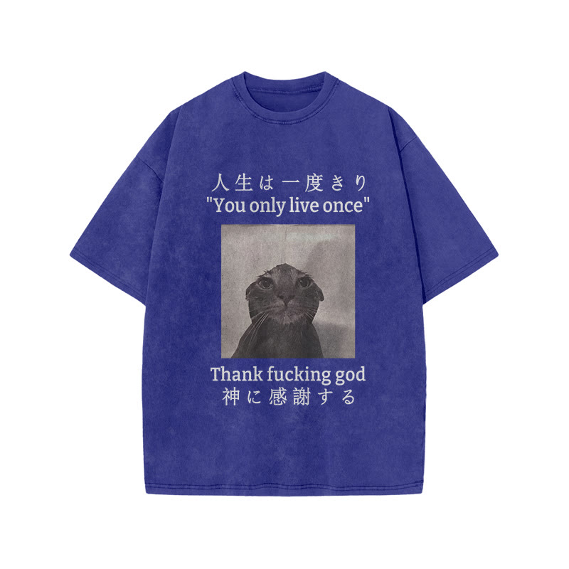 Unisex 100% Cotton Funny Melancholy Cat Print Acid Washed T-shirt