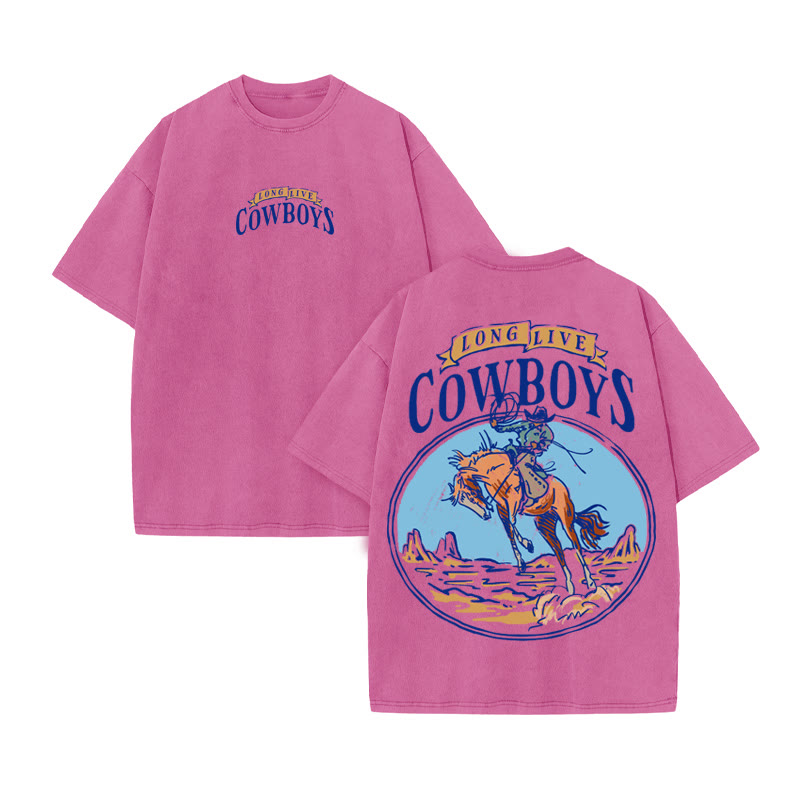 Unisex 100% Cotton COWBOYS Western Style Print Acid Washed T-shirt