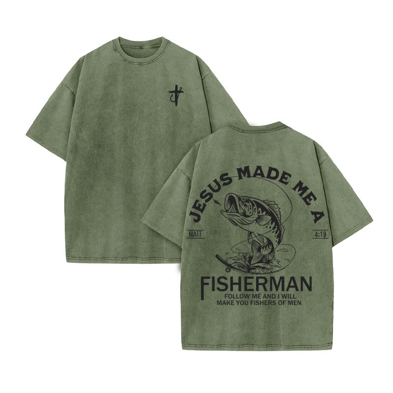 Unisex 100% Cotton Jesus Made Me A Fisherman  Print Acid Washed T-shirt - Army Green - US20-22(3XL) - image 9