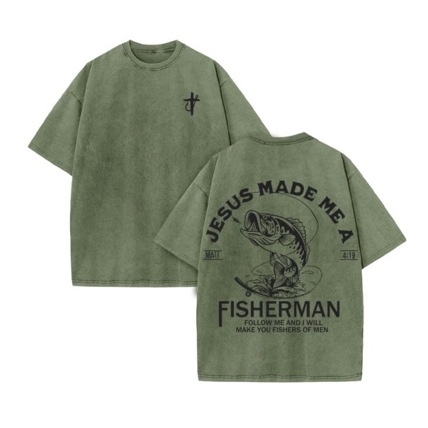 Unisex 100% Cotton Jesus Made Me A Fisherman  Print Acid Washed T-shirt - Army Green - US20-22(3XL) - image 9