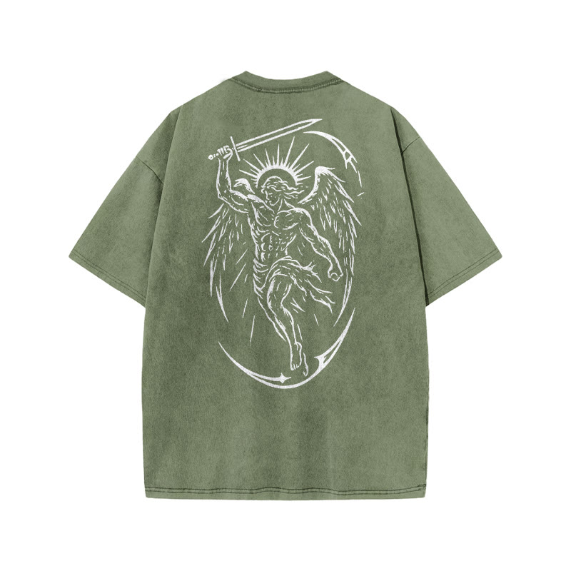 Unisex The Archangel Print Acid Washed T-shirt - Army Green - US20-22(3XL) - image 8