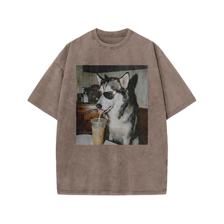 Vintage Husky Iced Coffee Print Acid Washed T-shirt - Coffee - US20-22(3XL) - image 5