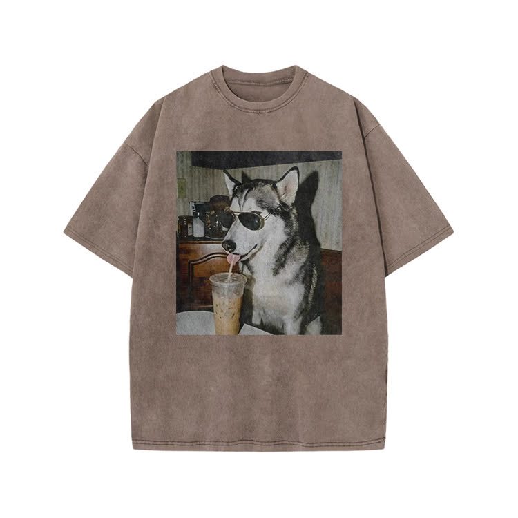 Vintage Husky Iced Coffee Print Acid Washed T-shirt - Coffee - US20-22(3XL) - image 5