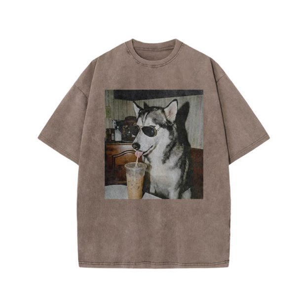 Vintage Husky Iced Coffee Print Acid Washed T-shirt - Coffee - US20-22(3XL) - image 5