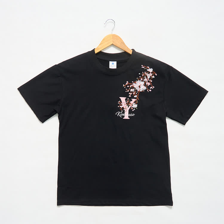 Casual Embroidered Letters Sakura Graphic Round Neck T-Shirt - image 17