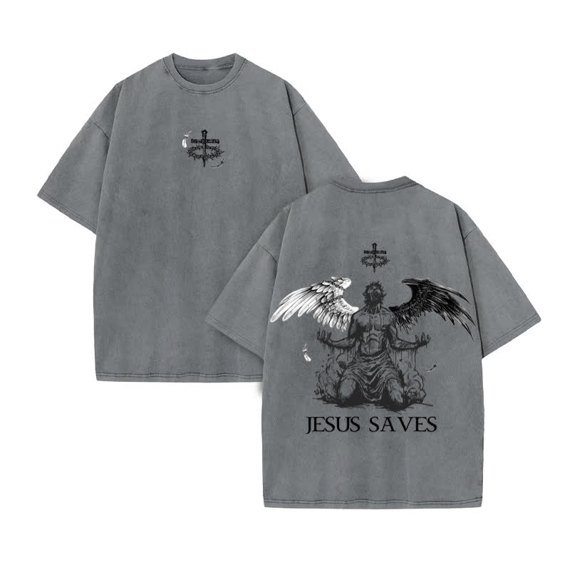 Unisex Jesus Saves Print Acid Washed T-shirt - Grey - US20-22(3XL) - image 5