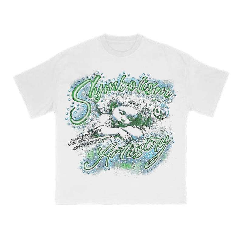 Unisex Street Style Angel Print T-shirt - White Green - US16-18(2XL) - image 3