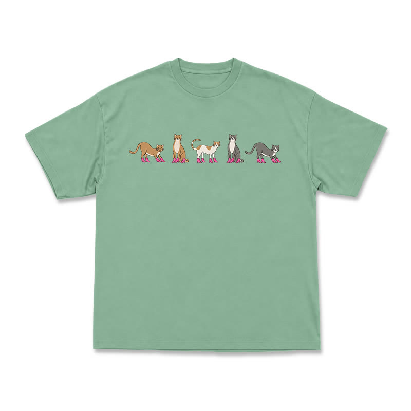 Minimal Graphic Cat Row Boxy Short Sleeve Everyday T-Shirt - Light Green - US16-18(2XL) - image 6