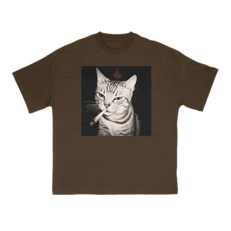 Unisex 100% Cotton Smoking Tabby Cat Print T-shirt - Coffee - US16-18(2XL) - image 6