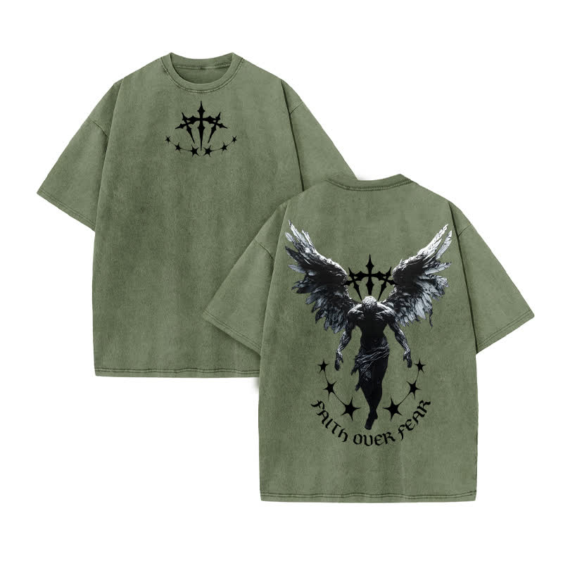 Unisex 100% Cotton FAITH OVER FEAR Print Acid Washed T-shirt - Army Green - US20-22(3XL) - image 6