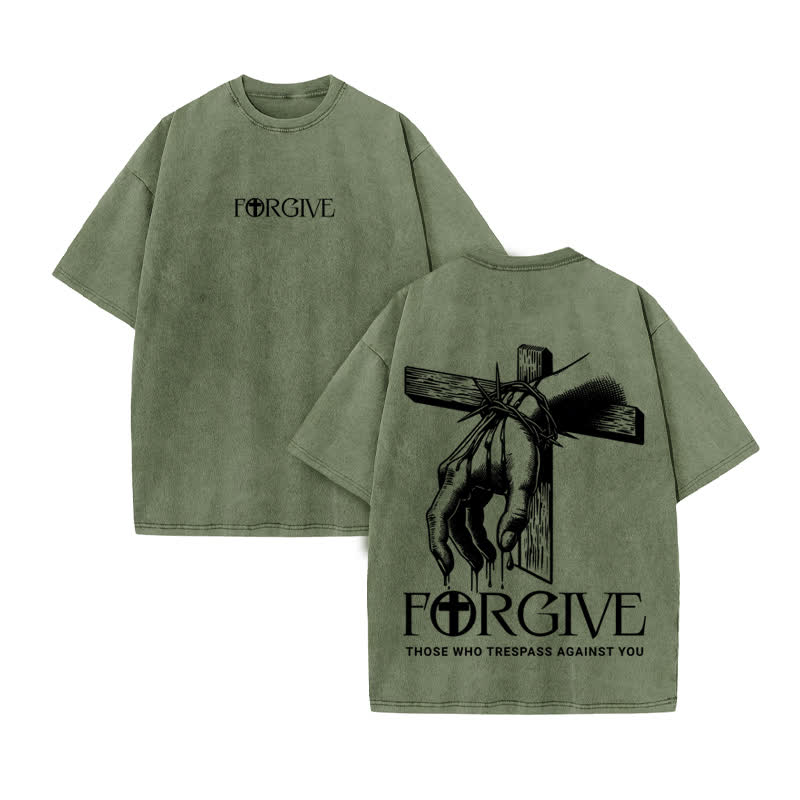 Unisex 100% Cotton Forgive Print Acid Washed T-shirt - Army Green - US20-22(3XL) - image 6
