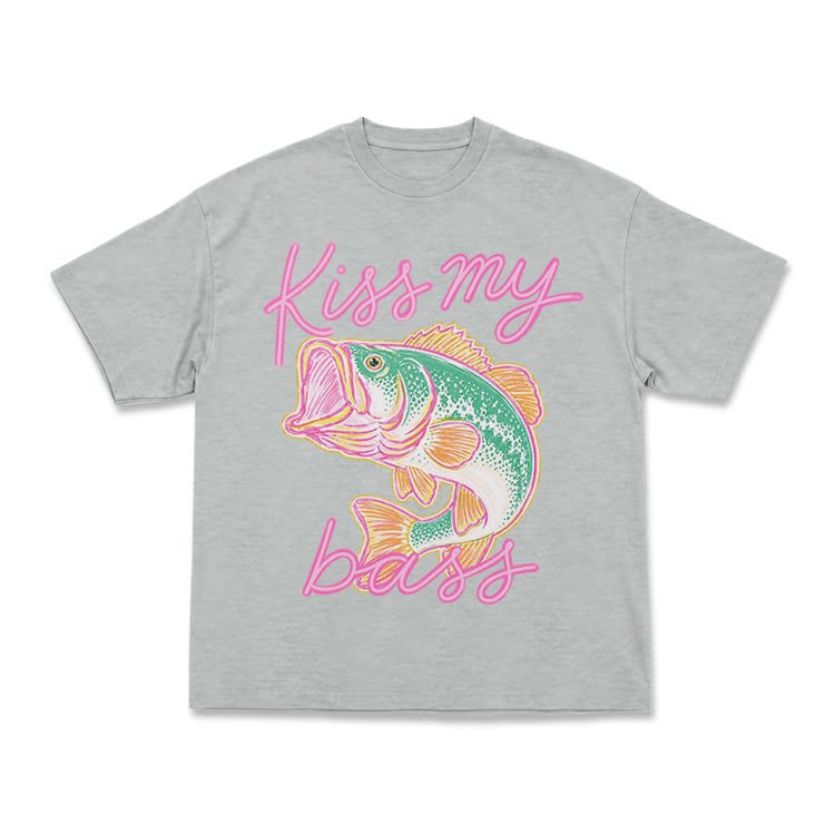 Casual Kiss My Bass Fish Graphic T-Shirt - Grey - US16-18(2XL) - image 9