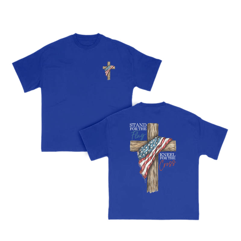 Unisex 100% Cotton Stand For The Flag Kneel For The Cross Print T-shirt - Blue - US16-18(2XL) - image 8
