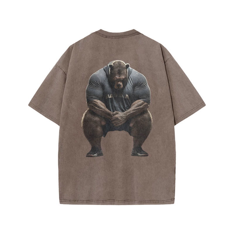 100% Cotton Silent Strong Muscle Bear Gym Print Acid Washed T-shirt - Coffee - US20-22(3XL) - image 5