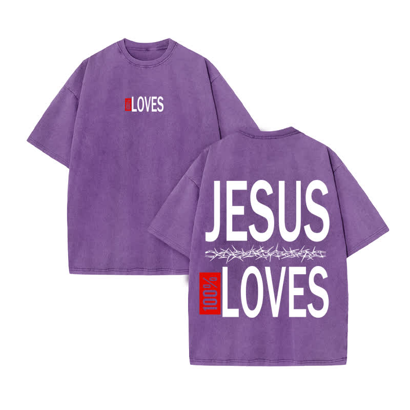 Unisex 100% Cotton Jesus 100% Loves Print Acid Washed T-shirt - Purple - US20-22(3XL) - image 9