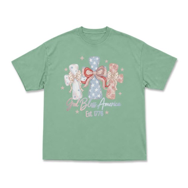 Patriotic Bow Graphic God Bless America T-Shirt - Light Green - US16-18(2XL) - image 5