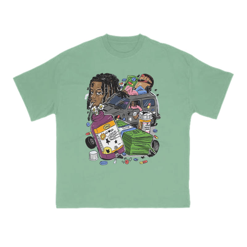 Unisex 100% Cotton Creative Illustrations Print T-shirt - Green - US16-18(2XL) - image 8