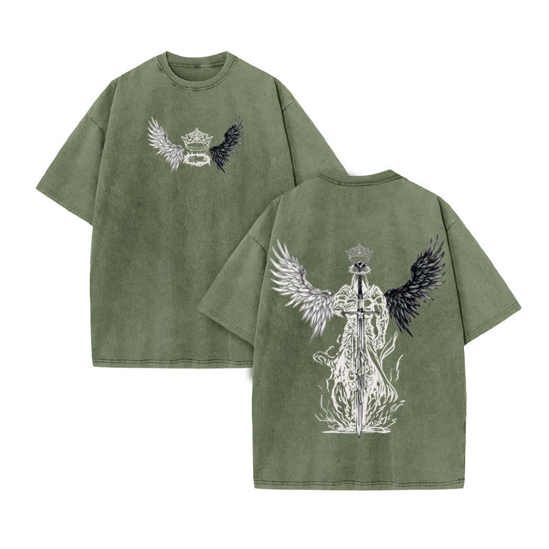 Unisex 100% Cotton Holy Blade Print Acid Washed T-shirt - Army Green - US20-22(3XL) - image 6