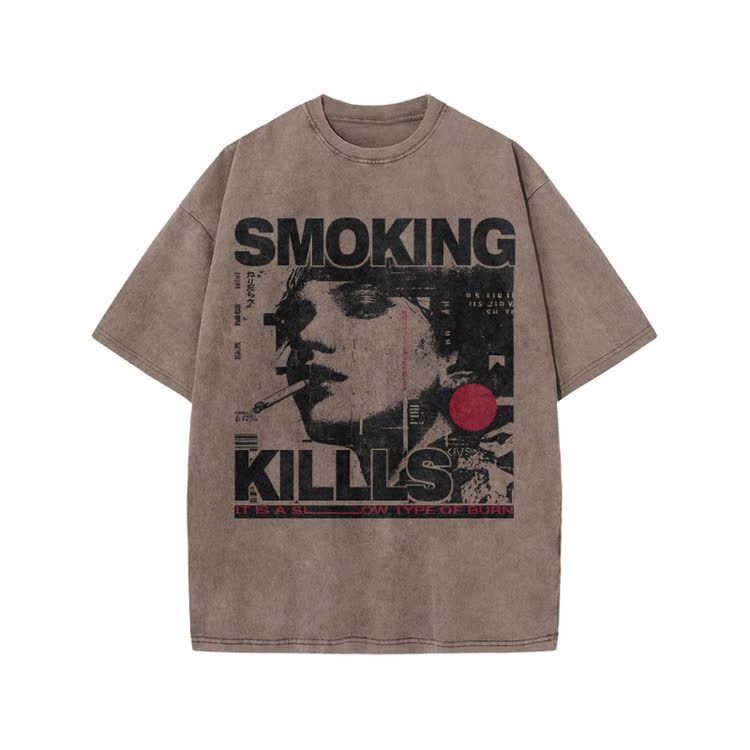 Street Rebel Smoking Kills Collage Graphic Print Acid Washed T-Shirt - Coffee - US20-22(3XL) - image 7