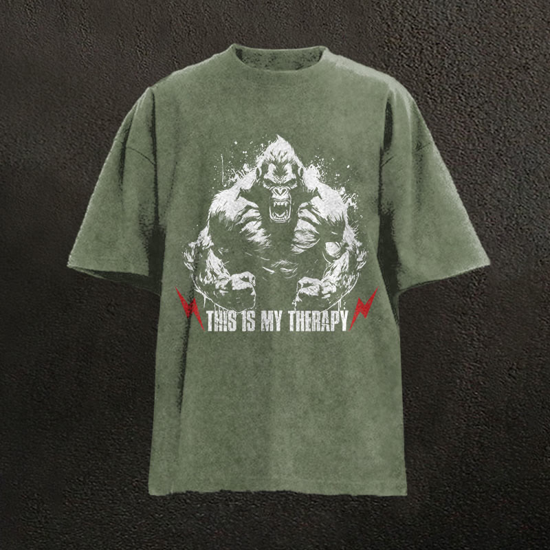 100% Cotton This Is My Therapy Gym Print Acid Washed T-shirt - Army Green - US20-22(3XL) - image 4