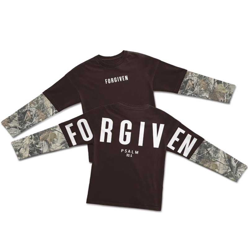 Forgiven Psalm 32:1 Dead Leaves Camouflage Patchwork Print Layered-style T-shirt - Coffee - 5XL - image 4