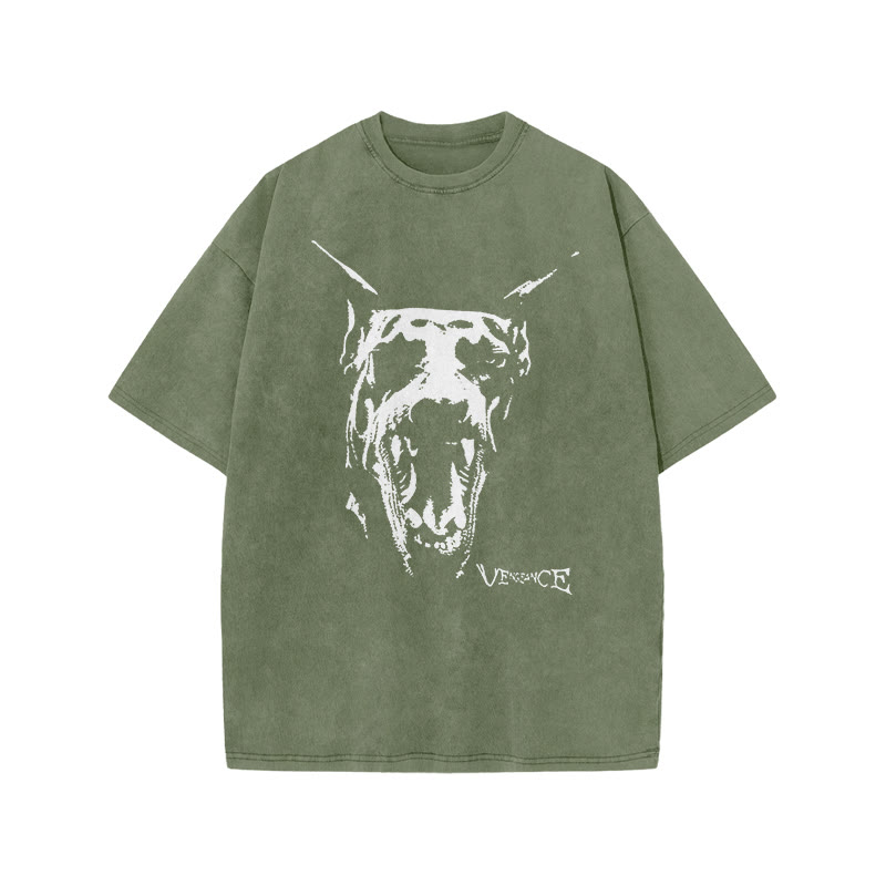 Roaring Doberman Print Acid Washed T-shirt - Army Green - US20-22(3XL) - image 3