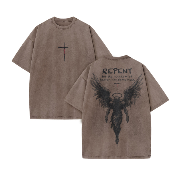 Repent For The Kingdom Of Heaven Has Come Near Print Acid Washed T-shirt - Coffee - US20-22(3XL) - image 6