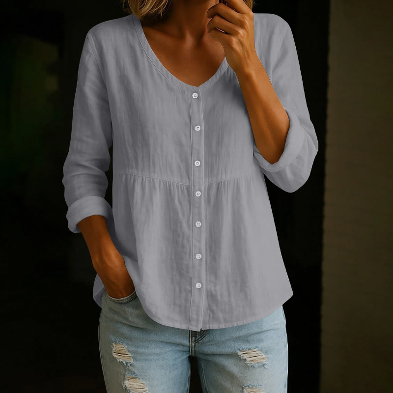Cozy Solid Button V-neck A-line Long Sleeve Blouse - Grey - 4XL - image 4