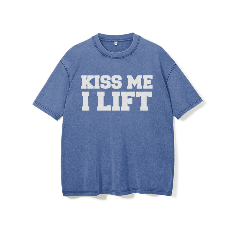100% Cotton Kiss Me I Lift Printed Washed Gym T-shirt - image 6