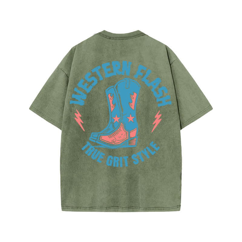Unisex Western Flash True Grit Style Print Acid Washed T-shirt - Army Green - US20-22(3XL) - image 5