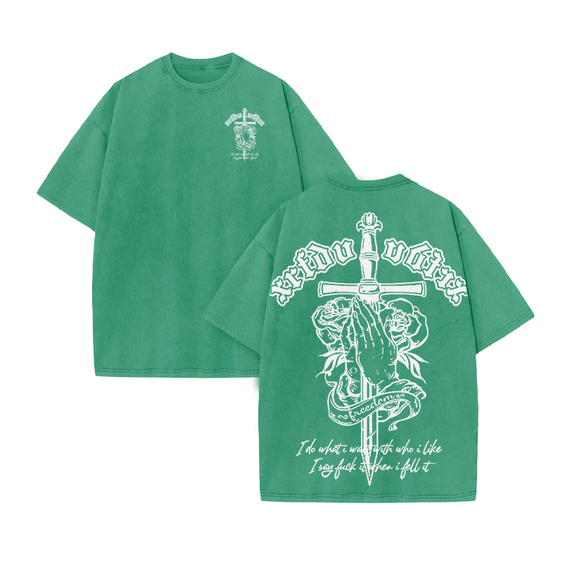 Unisex 100% Cotton Praying Hands Rose Print Acid Washed T-shirt - Green - US20-22(3XL) - image 6