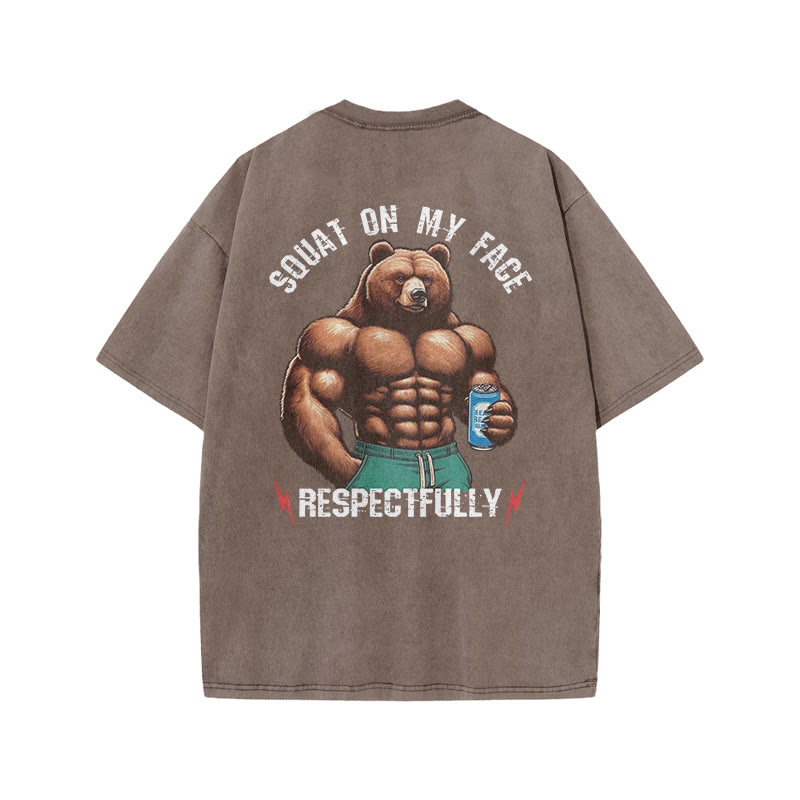 100% Cotton Squat On My Face Respectfully Gym Print Acid Washed T-shirt - Coffee - US20-22(3XL) - image 7