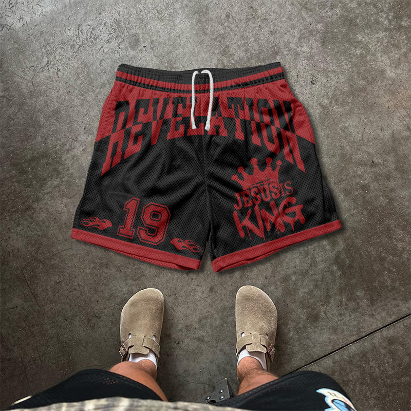 Jesus Is King Revelation 19 Print Mesh Shorts - Red - 5XL - image 1