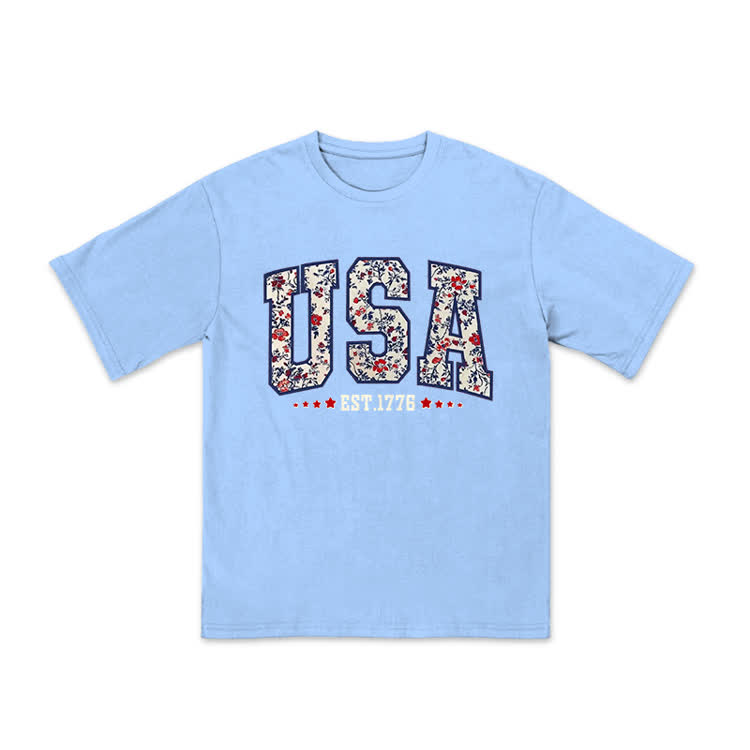 Boho Floral USA 1776 Print T-shirt - Light Blue - US20-22(3XL) - image 9