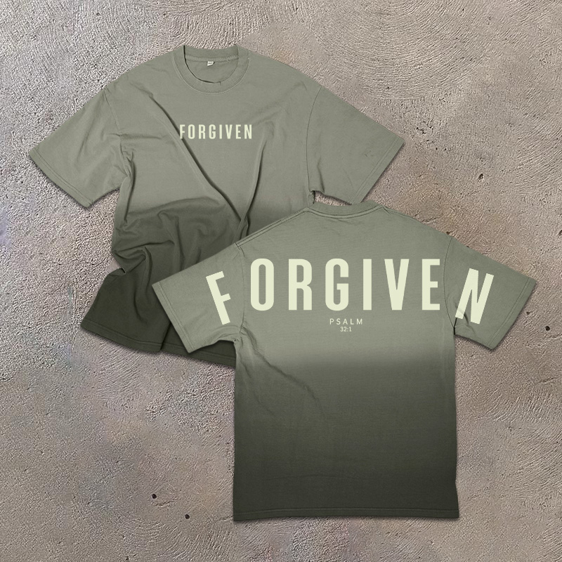 Unisex 100% Cotton Forgiven Psalm 32:1 Print Ombre Acid Washed T-shirt - Army Green - US24-26(4XL) - image 6