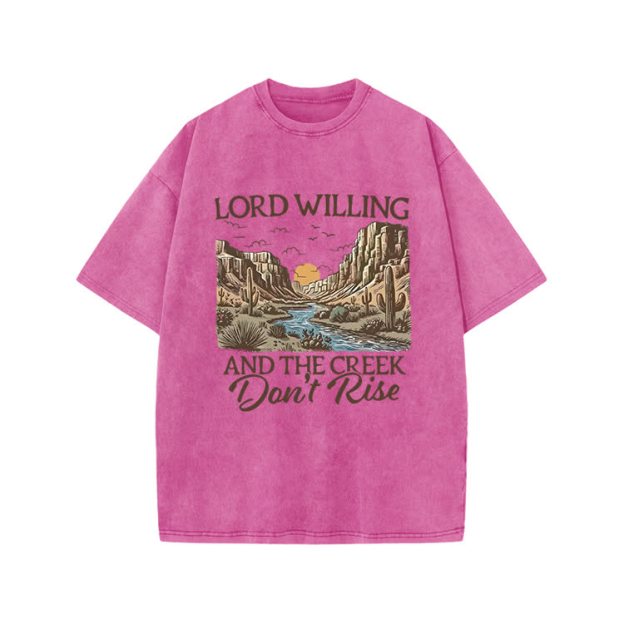 Lord Willing And The Creek Don't Rise Western Style Print Acid Washed T-shirt - Pink - US20-22(3XL) - image 9