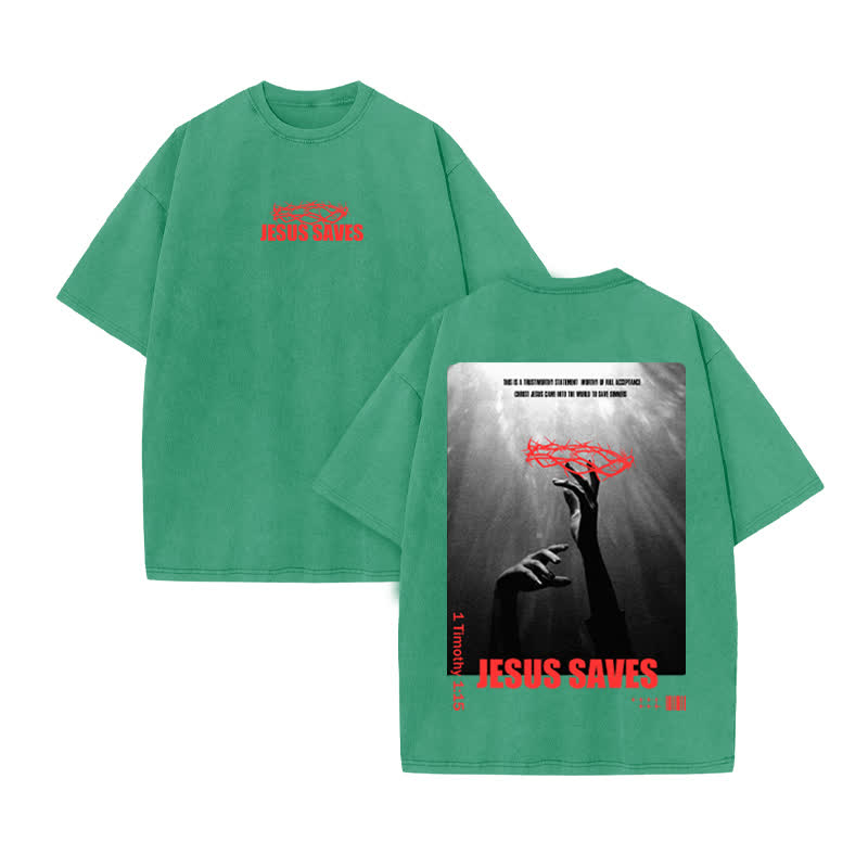 Unisex 100% Cotton Jesus Saves Print Acid Washed T-shirt - Green - US20-22(3XL) - image 7
