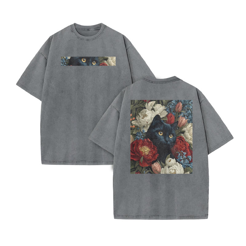 A Black Cat Hidden Among Clusters Of Red-white Peonies Print Acid Washed T-shirt - Grey - US20-22(3XL) - image 4