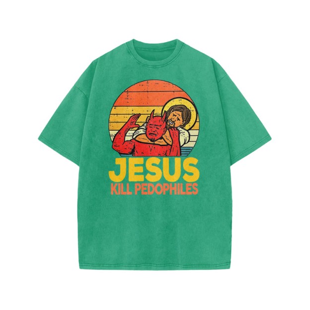 Jesus Kill Pedophiles Print Acid Washed T-shirt - Green - US20-22(3XL) - image 7