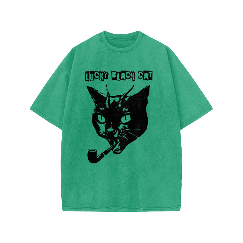 Unisex 100% Cotton Lucky Black Cat Print Acid Washed T-shirt - Green - US20-22(3XL) - image 6