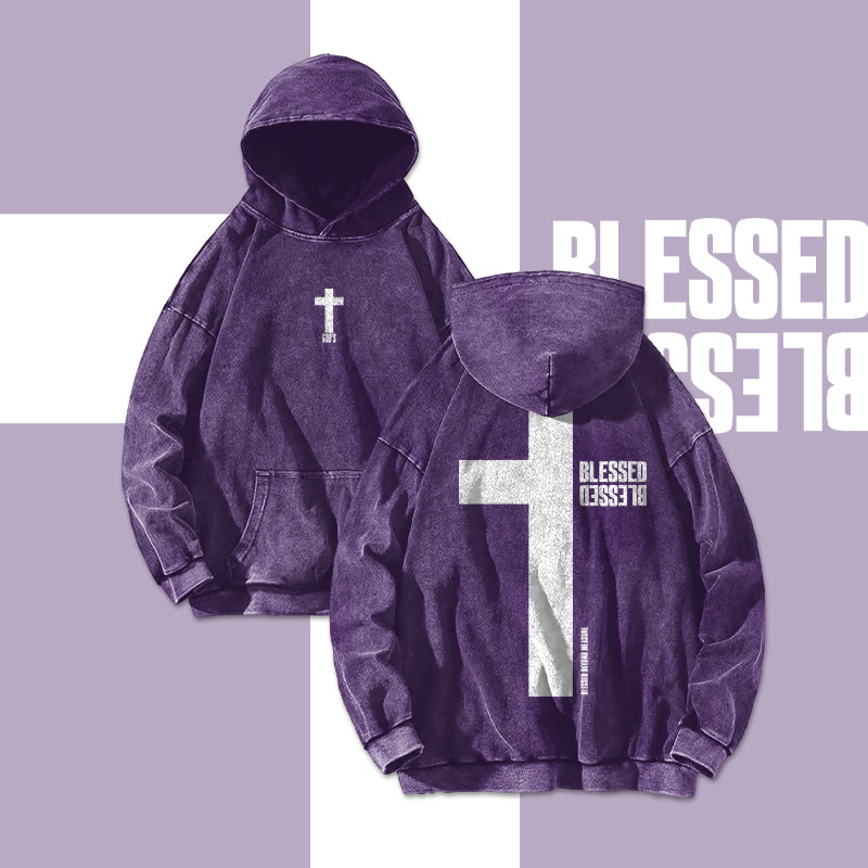 Reflective Blessed Cross Printed Washed Hoodie 